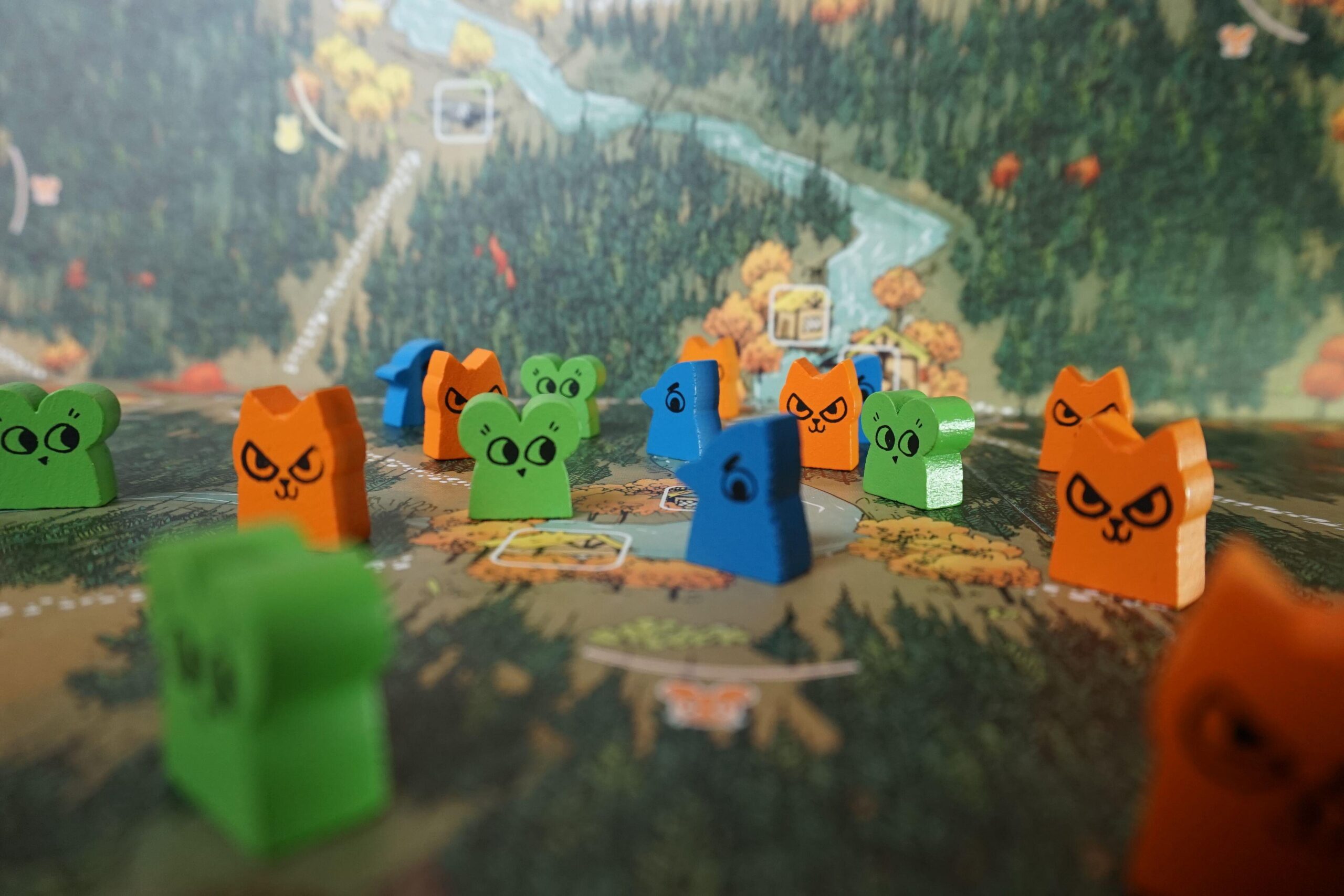 Components from Root, the board game, on a map of the game